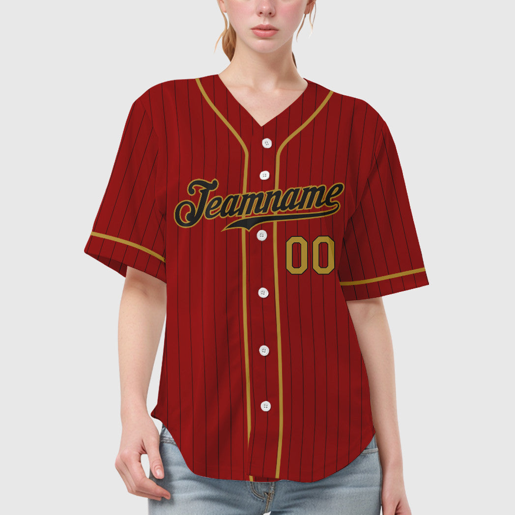 Custom Red Black Old Gold Piping Pinstripe Baseball Jersey