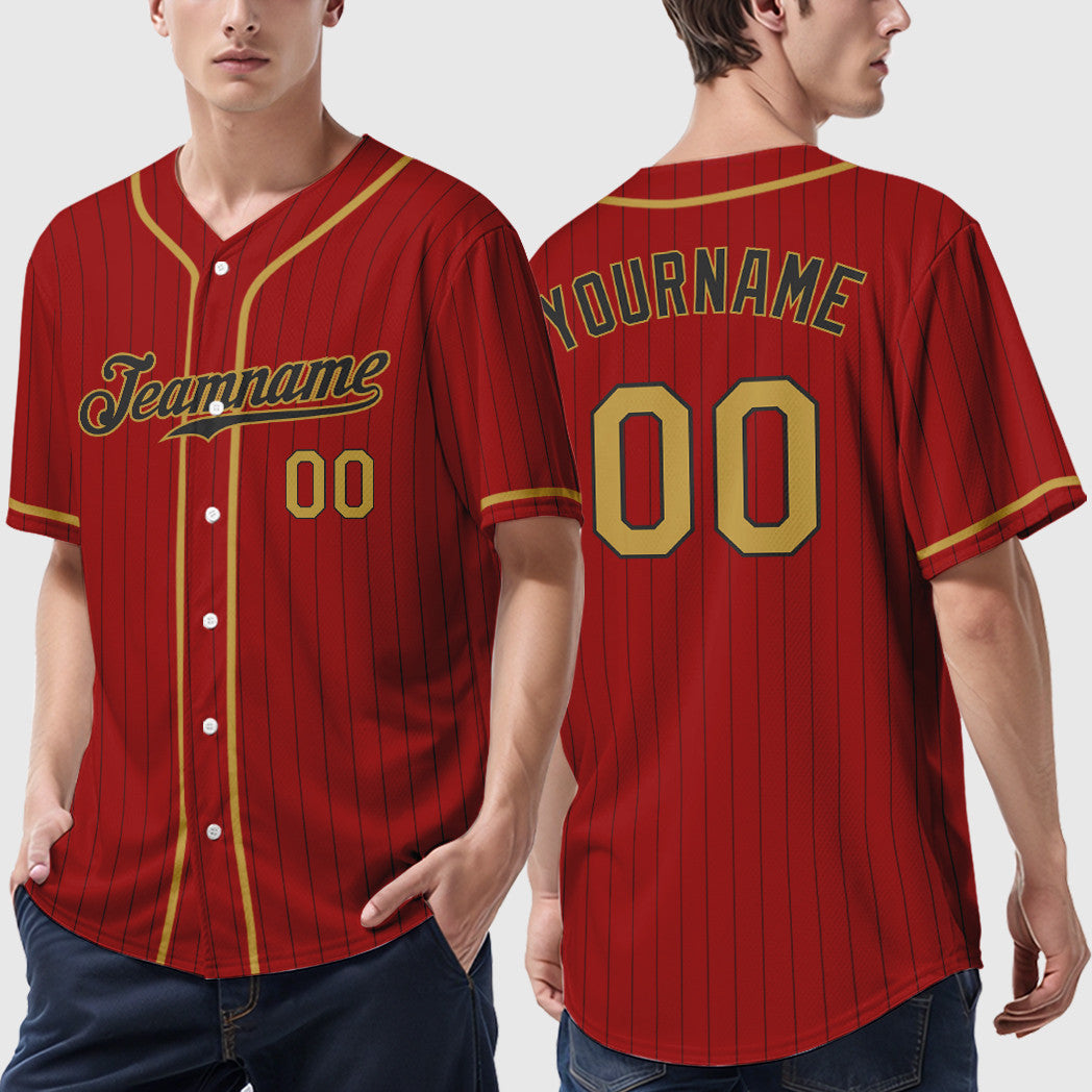 Custom Red Black Old Gold Piping Pinstripe Baseball Jersey