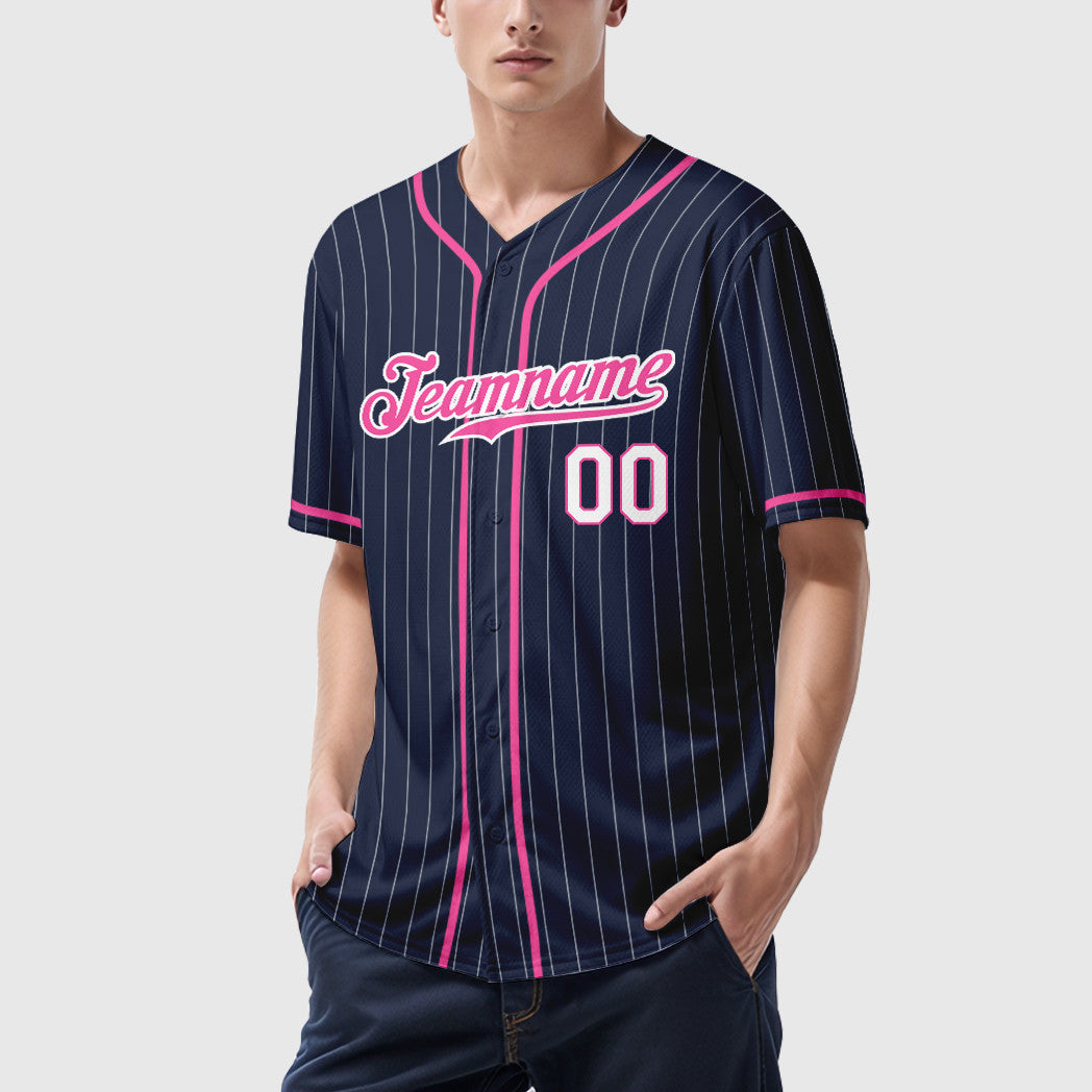 Custom Navy White Pink-White Piping Pinstripe Baseball Jersey
