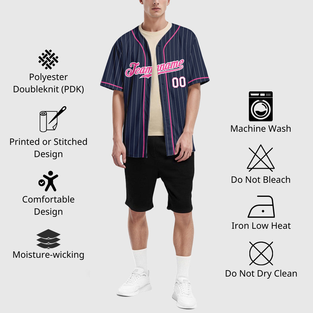 Custom Navy White Pink-White Piping Pinstripe Baseball Jersey