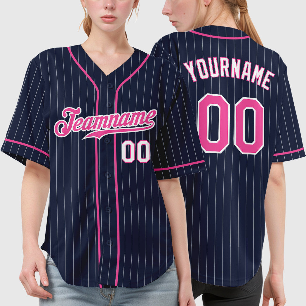 Custom Navy White Pink-White Piping Pinstripe Baseball Jersey