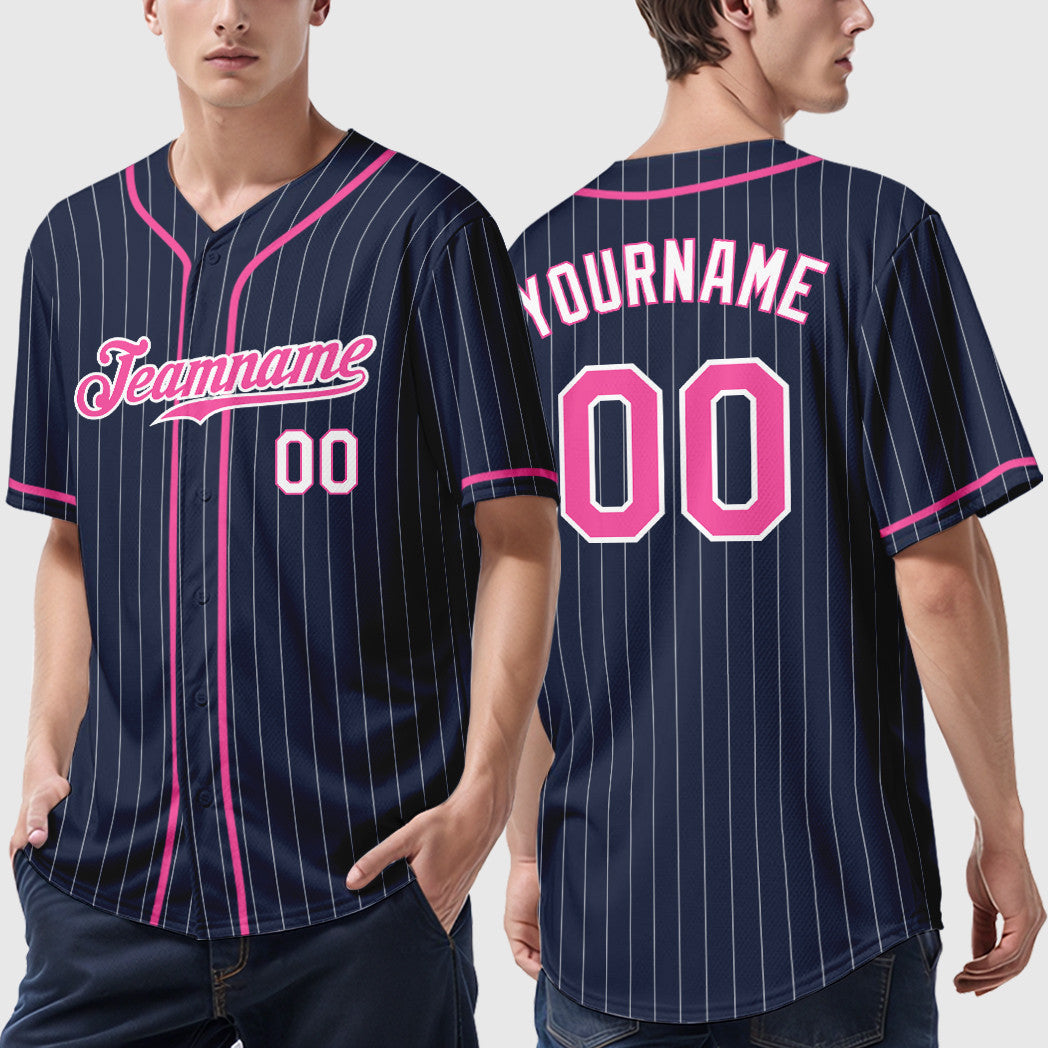 Custom Navy White Pink-White Piping Pinstripe Baseball Jersey