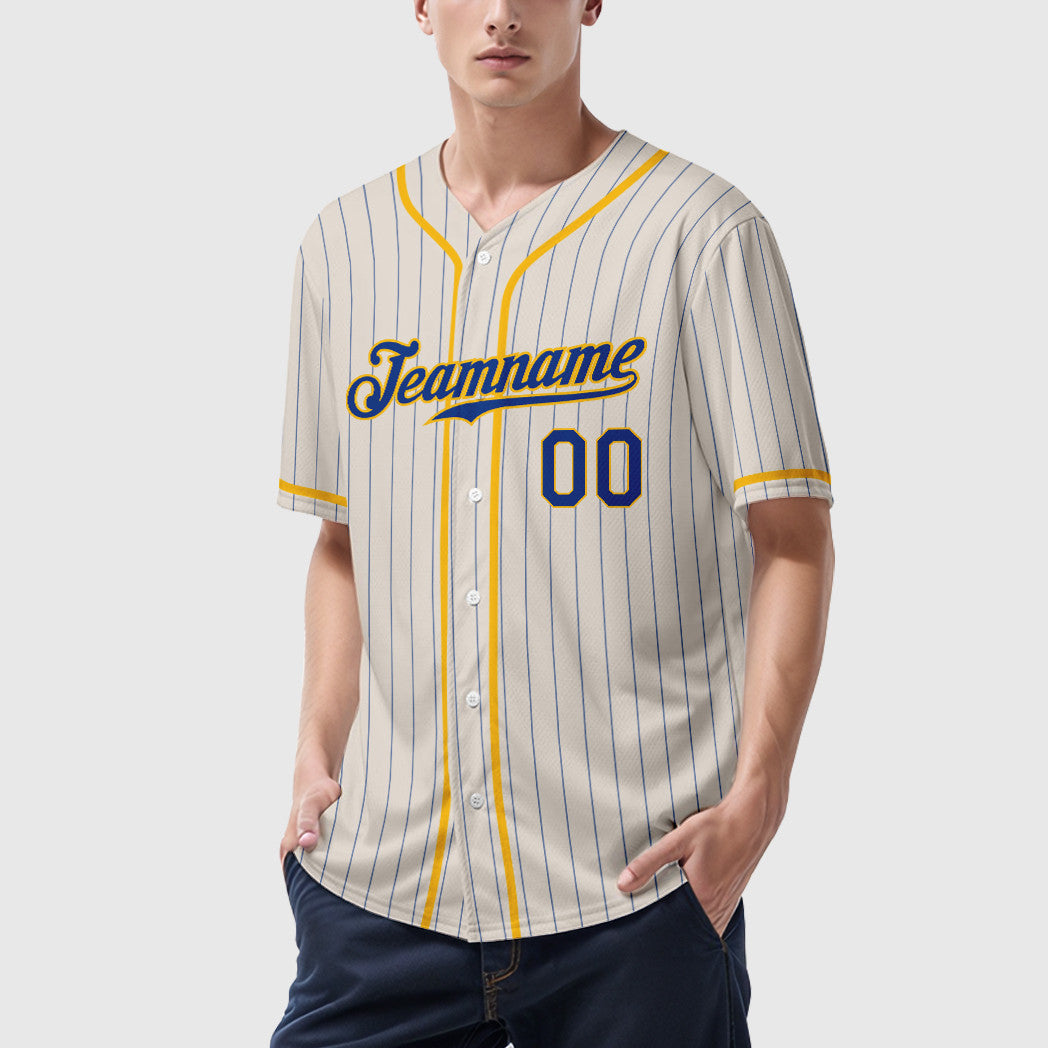 Custom Cream Royal Gold Piping Pinstripe Baseball Jersey