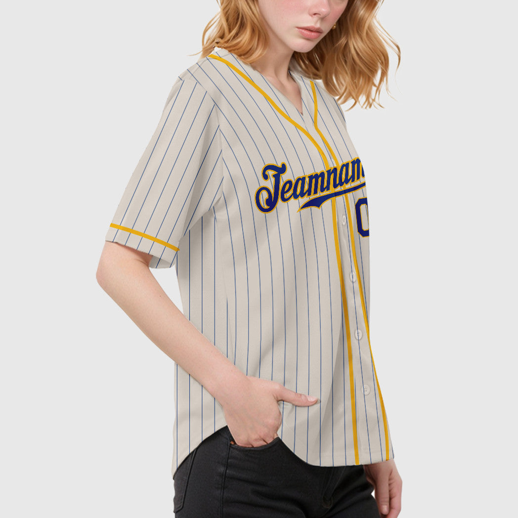 Custom Cream Royal Gold Piping Pinstripe Baseball Jersey