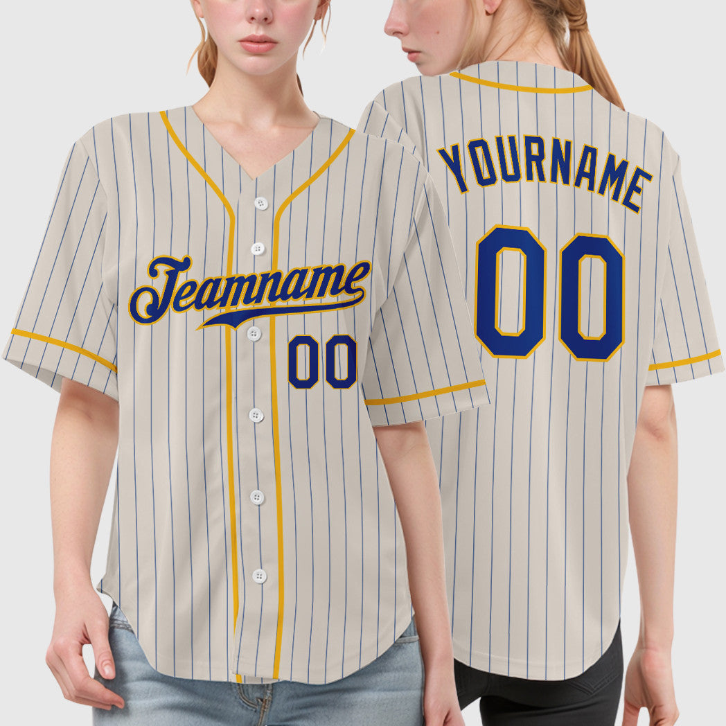 Custom Cream Royal Gold Piping Pinstripe Baseball Jersey