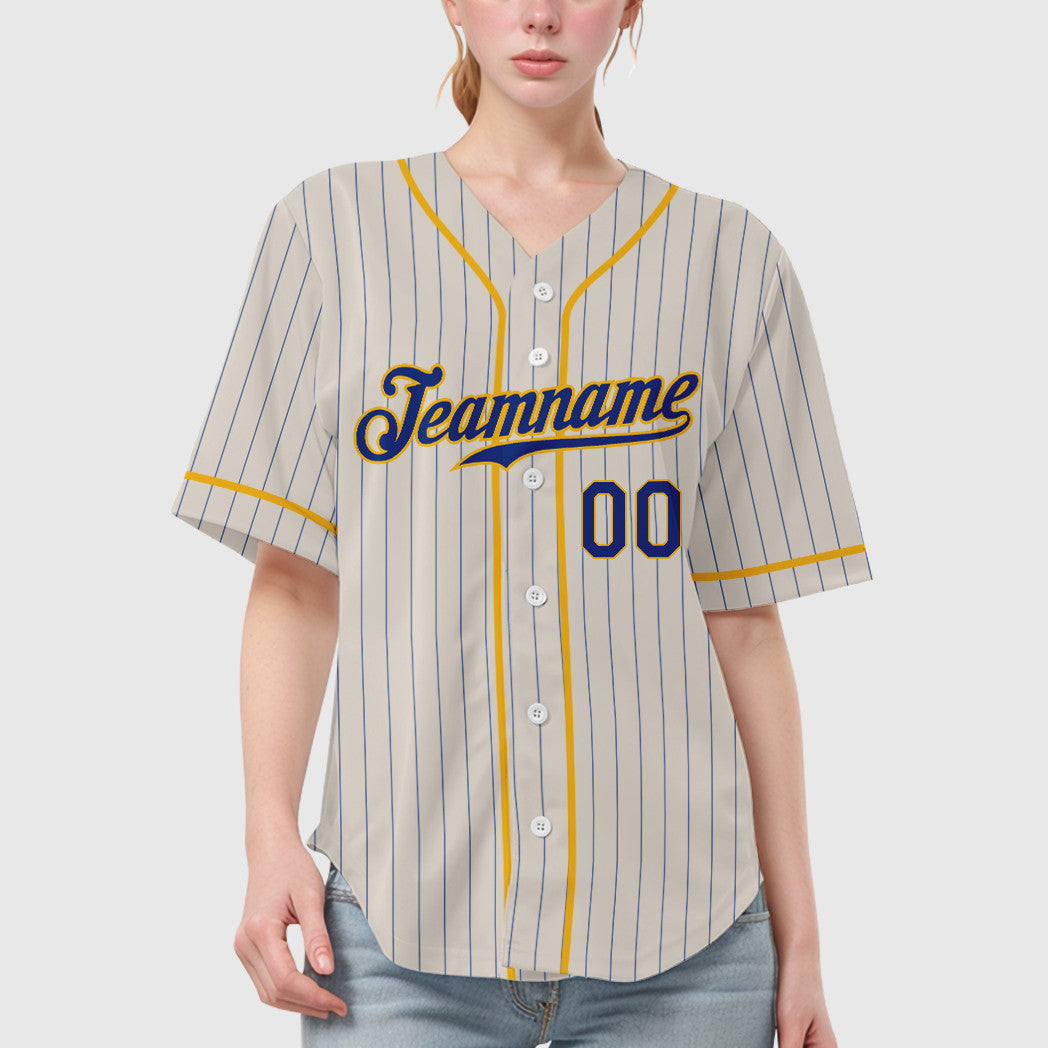 Custom Cream Royal Gold Piping Pinstripe Baseball Jersey