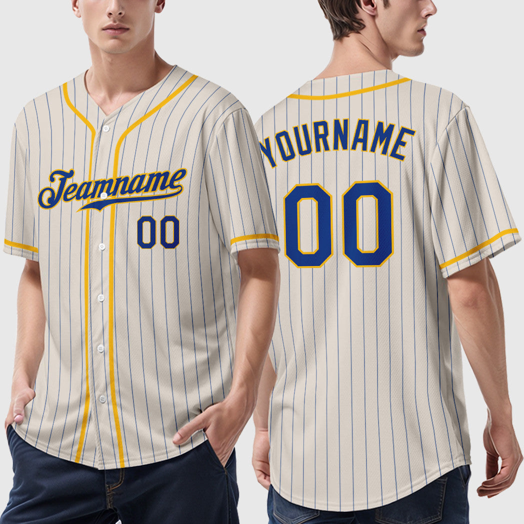 Custom Cream Royal Gold Piping Pinstripe Baseball Jersey