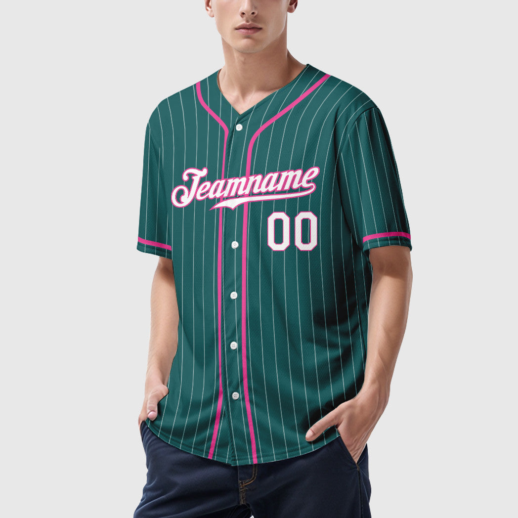 Custom Teal White Pink Piping Pinstripe Baseball Jersey