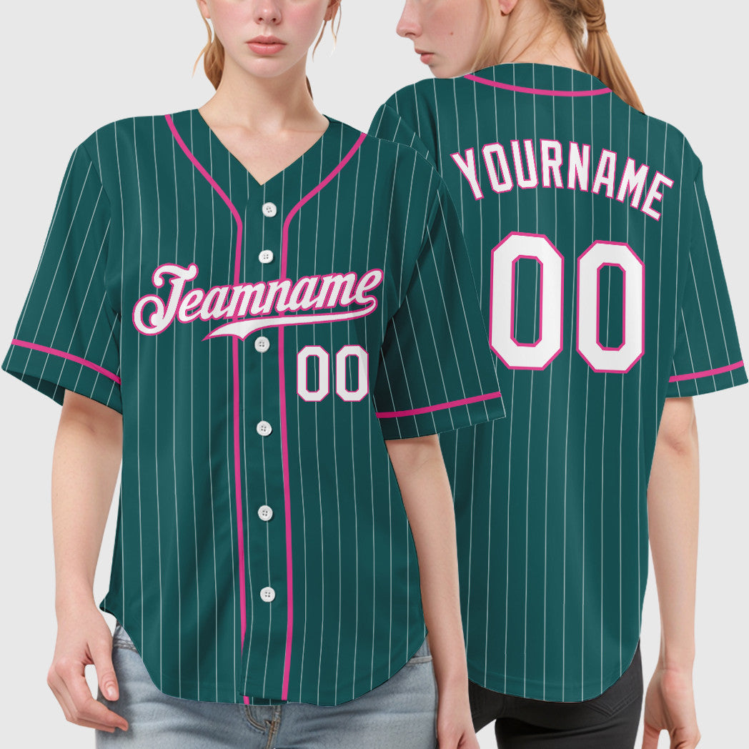 Custom Teal White Pink Piping Pinstripe Baseball Jersey