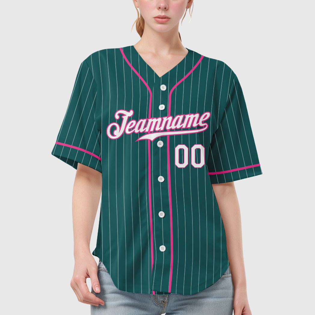 Custom Teal White Pink Piping Pinstripe Baseball Jersey