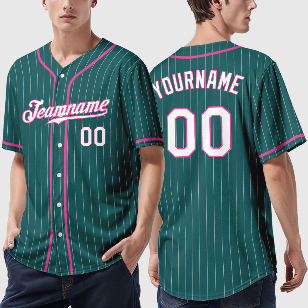 Custom Teal White Pink Piping Pinstripe Baseball Jersey