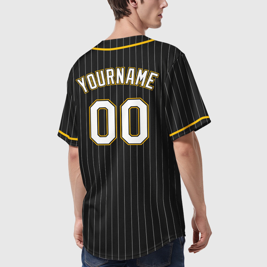Custom Black White White-Gold Piping Pinstripe Baseball Jersey