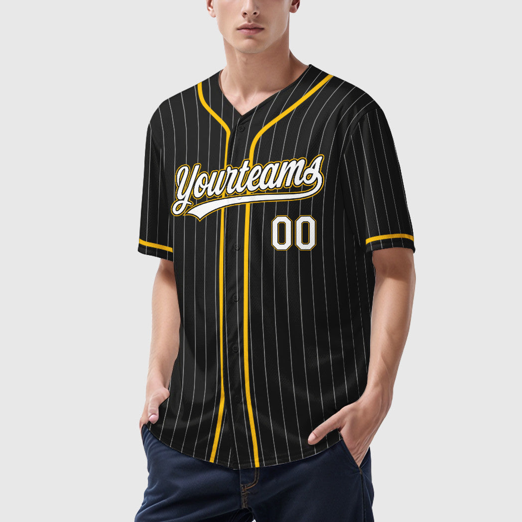 Custom Black White White-Gold Piping Pinstripe Baseball Jersey