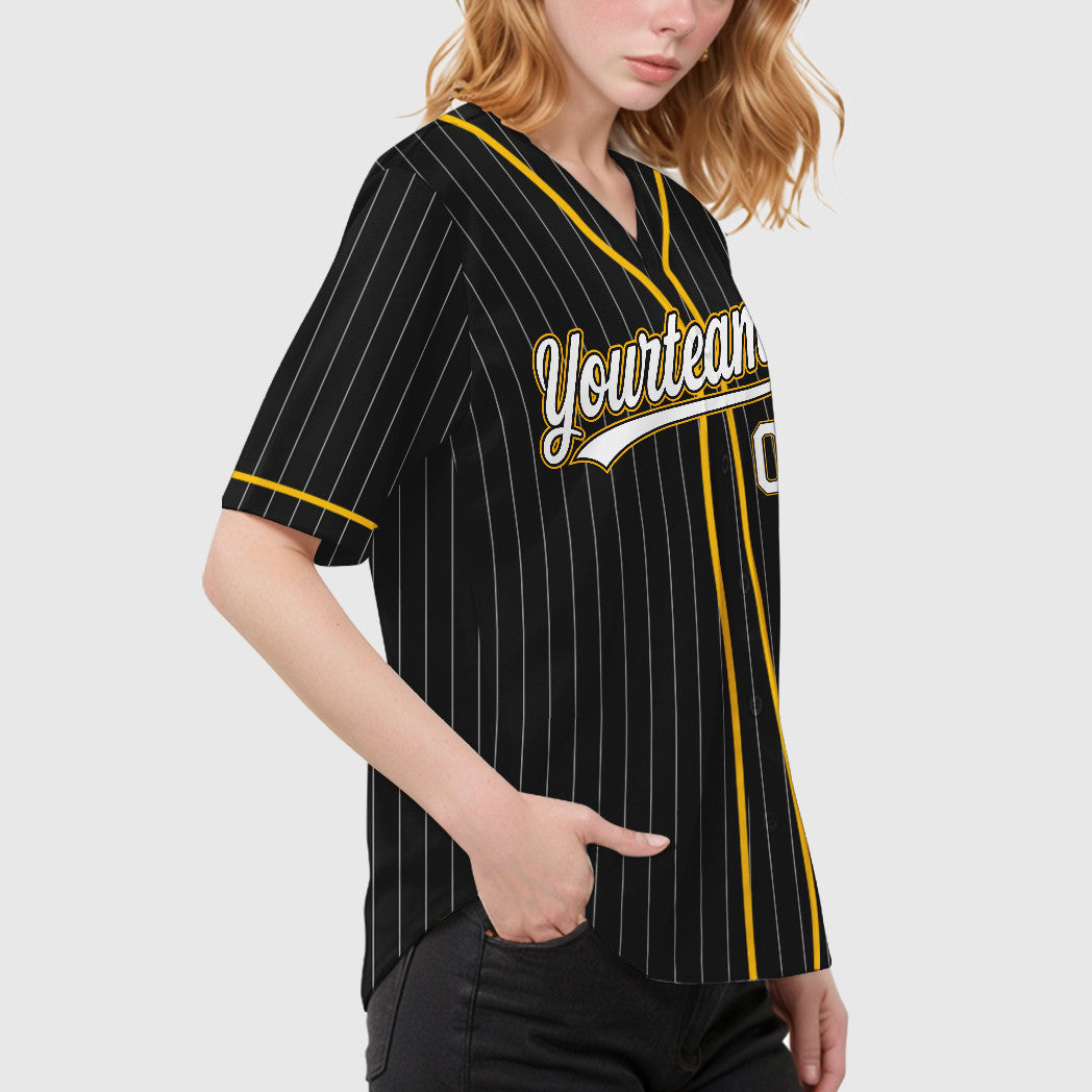 Custom Black White White-Gold Piping Pinstripe Baseball Jersey