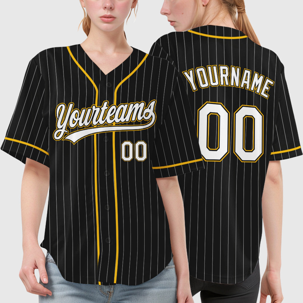 Custom Black White White-Gold Piping Pinstripe Baseball Jersey