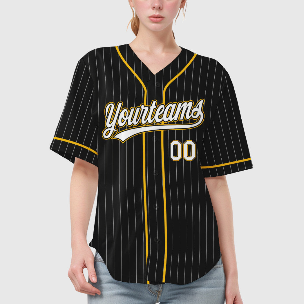 Custom Black White White-Gold Piping Pinstripe Baseball Jersey