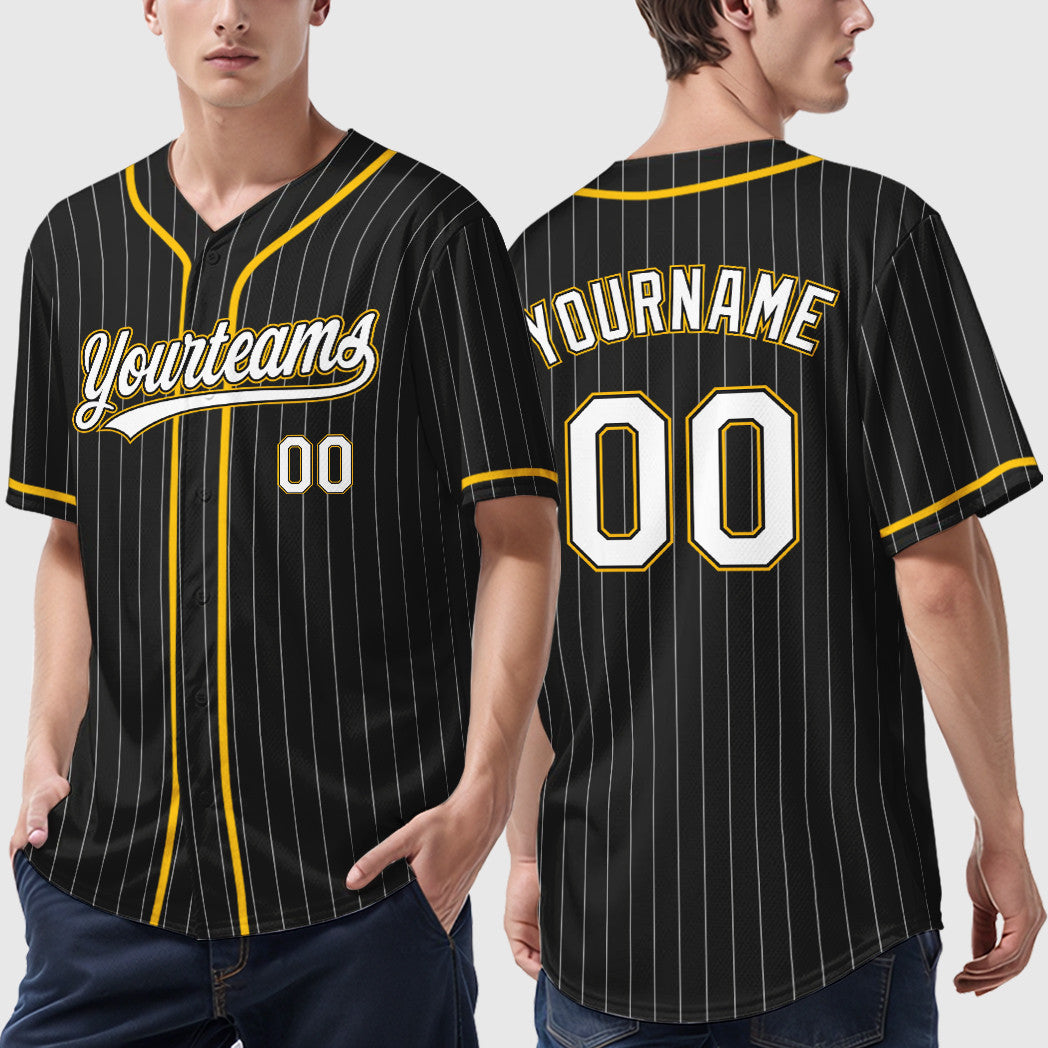Custom Black White White-Gold Piping Pinstripe Baseball Jersey