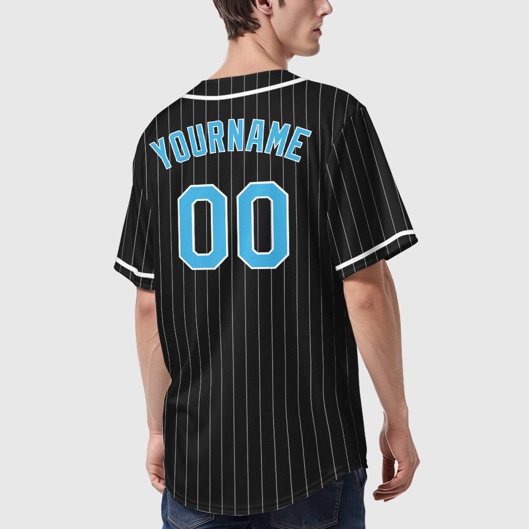 Custom Black White Pinstripe-Sky Blue Piping Pinstripe Baseball Jersey