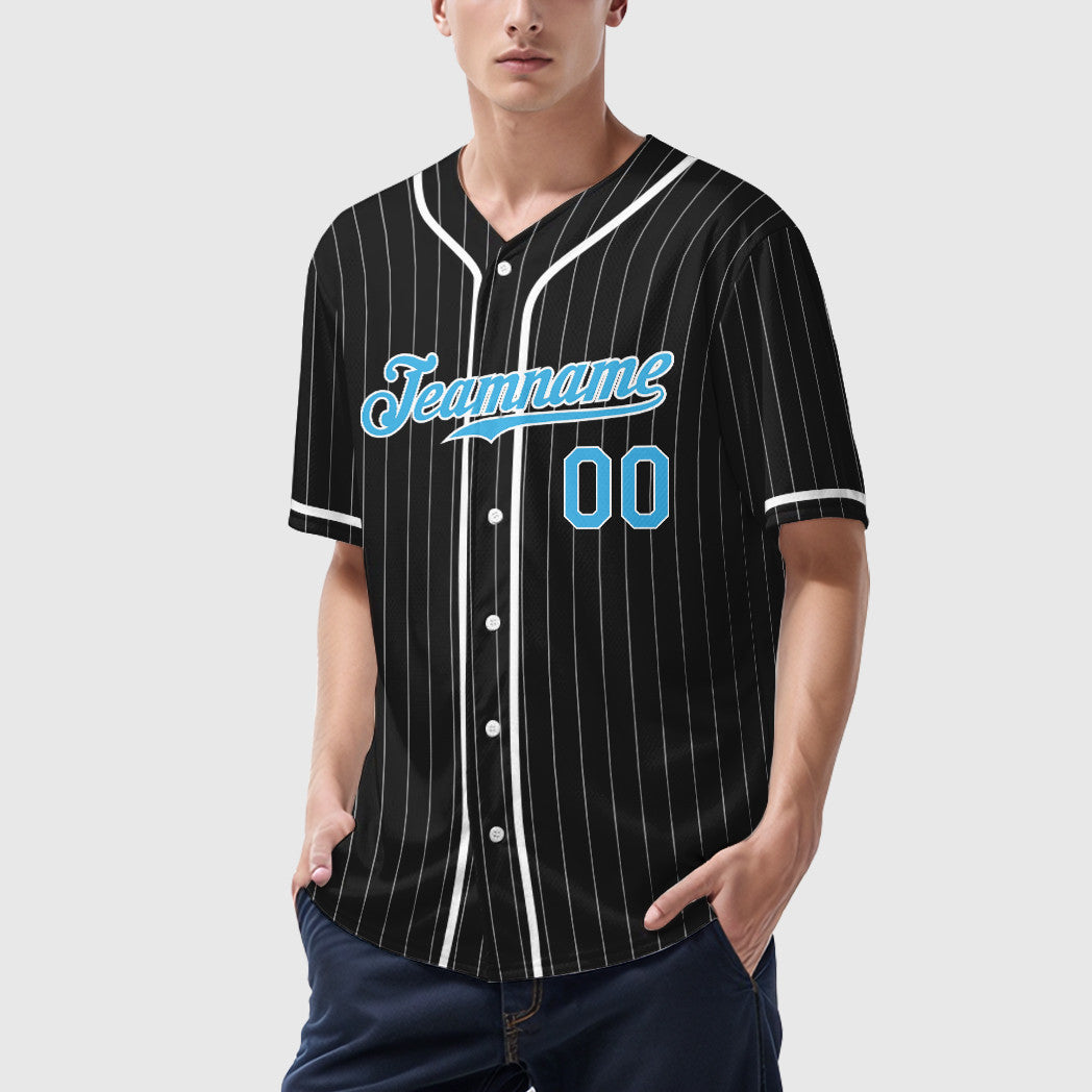 Custom Black White Pinstripe-Sky Blue Piping Pinstripe Baseball Jersey