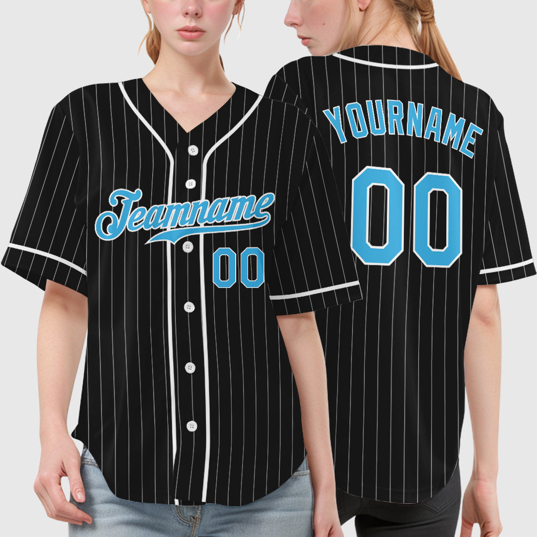 Custom Black White Pinstripe-Sky Blue Piping Pinstripe Baseball Jersey