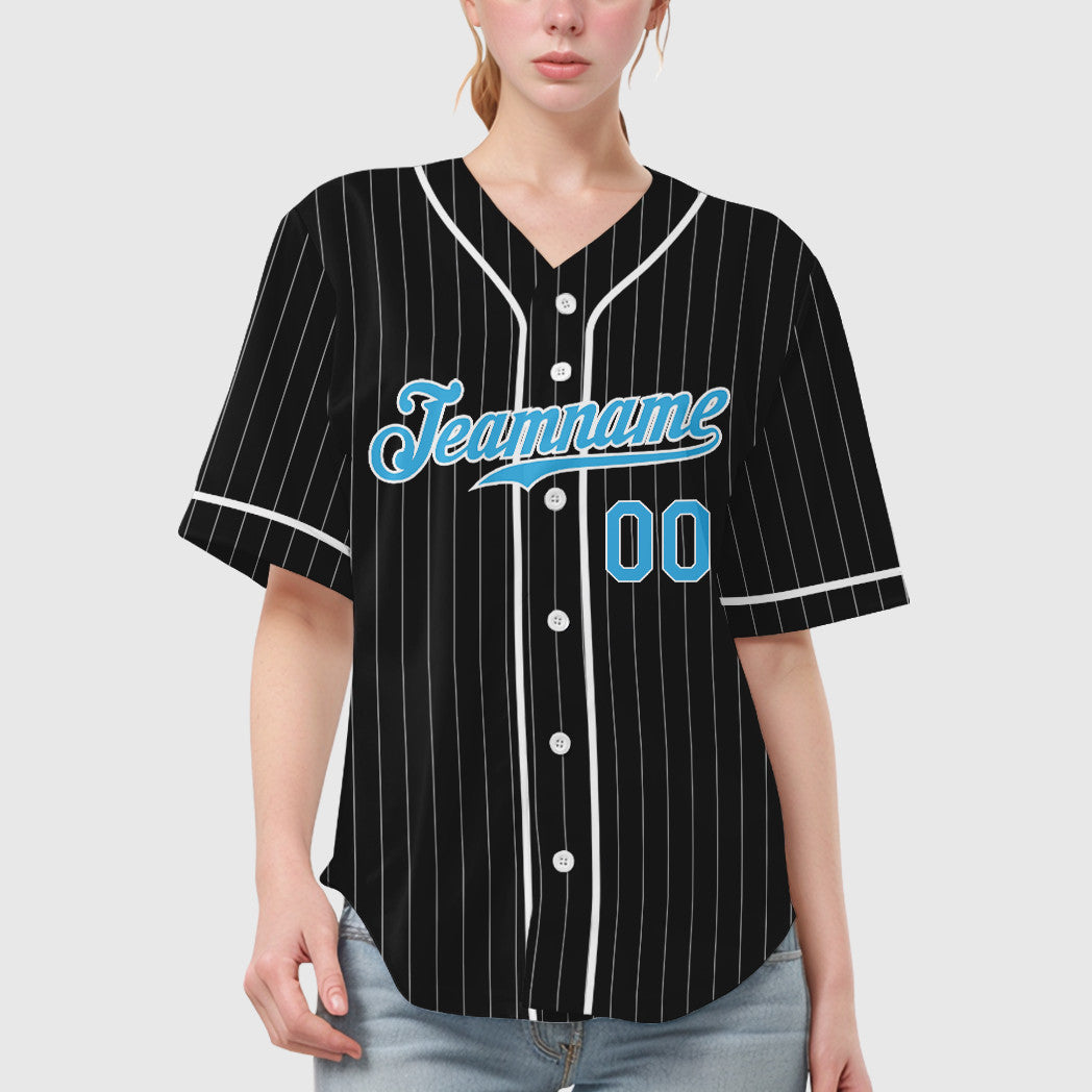 Custom Black White Pinstripe-Sky Blue Piping Pinstripe Baseball Jersey