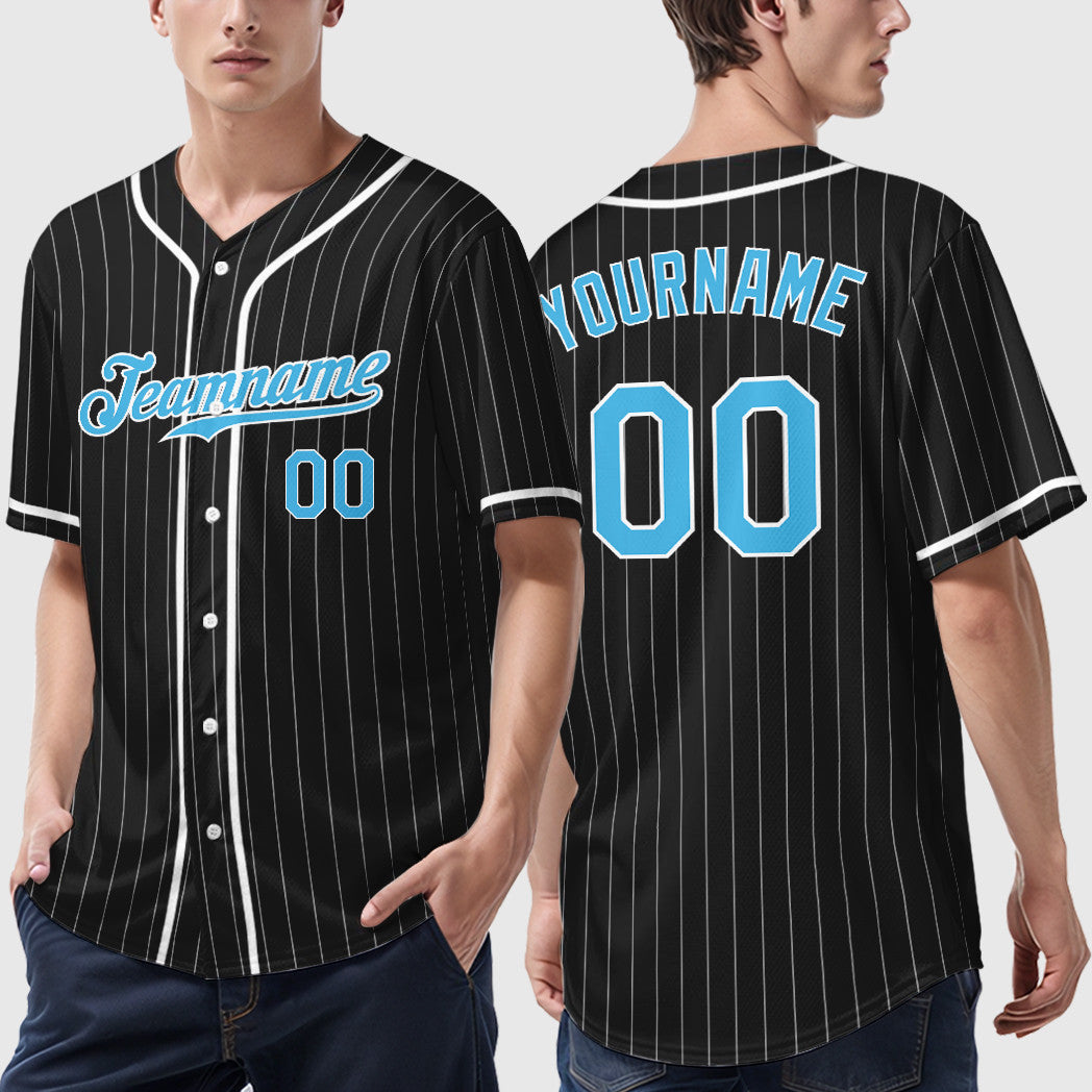 Custom Black White Pinstripe-Sky Blue Piping Pinstripe Baseball Jersey
