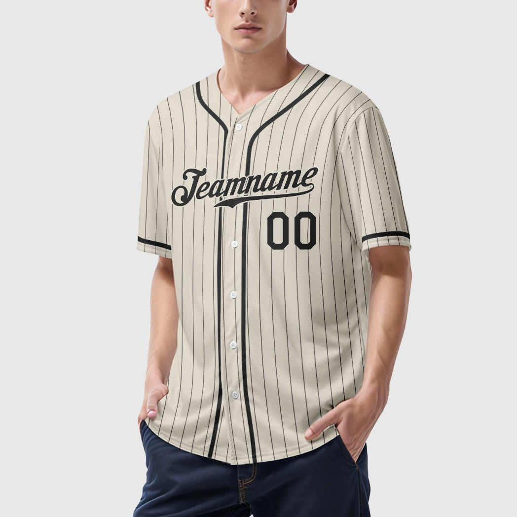 Custom Cream Black Black Piping Pinstripe Baseball Jersey