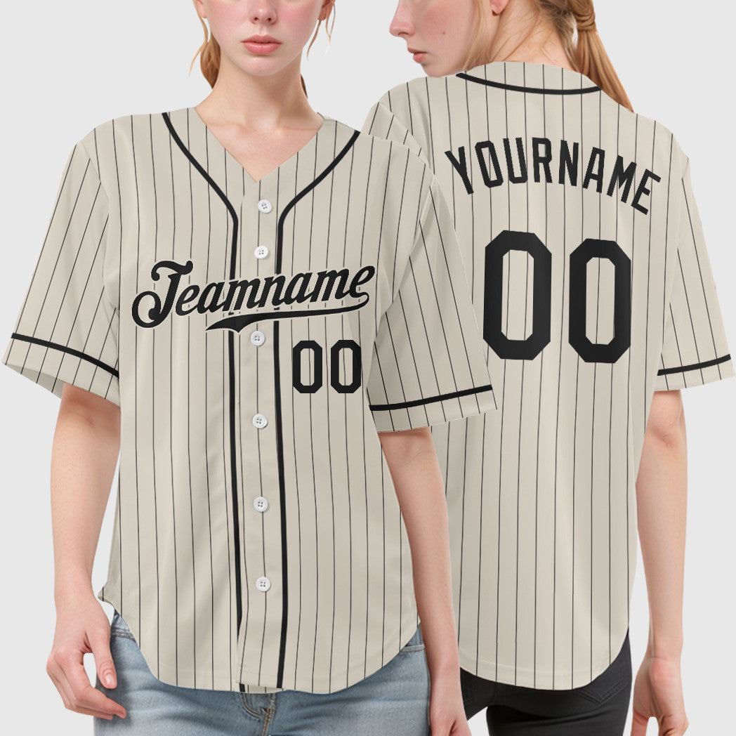 Custom Cream Black Black Piping Pinstripe Baseball Jersey