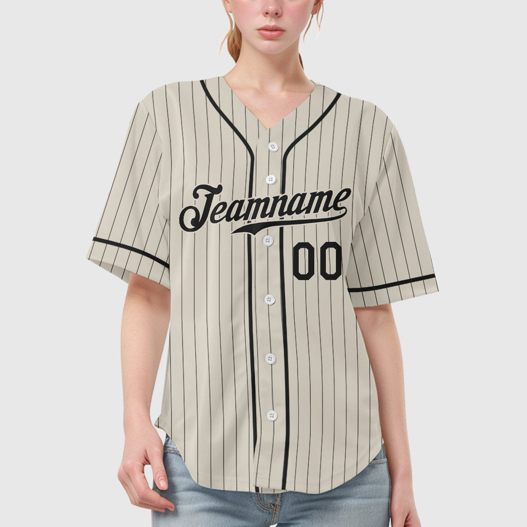 Custom Cream Black Black Piping Pinstripe Baseball Jersey