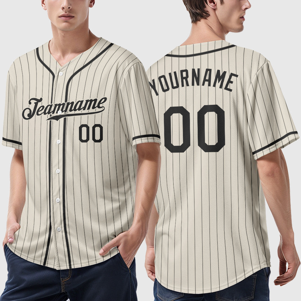 Custom Cream Black Black Piping Pinstripe Baseball Jersey