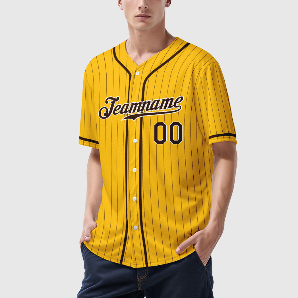 Custom Yellow Brown Brown-White Piping Pinstripe Baseball Jersey