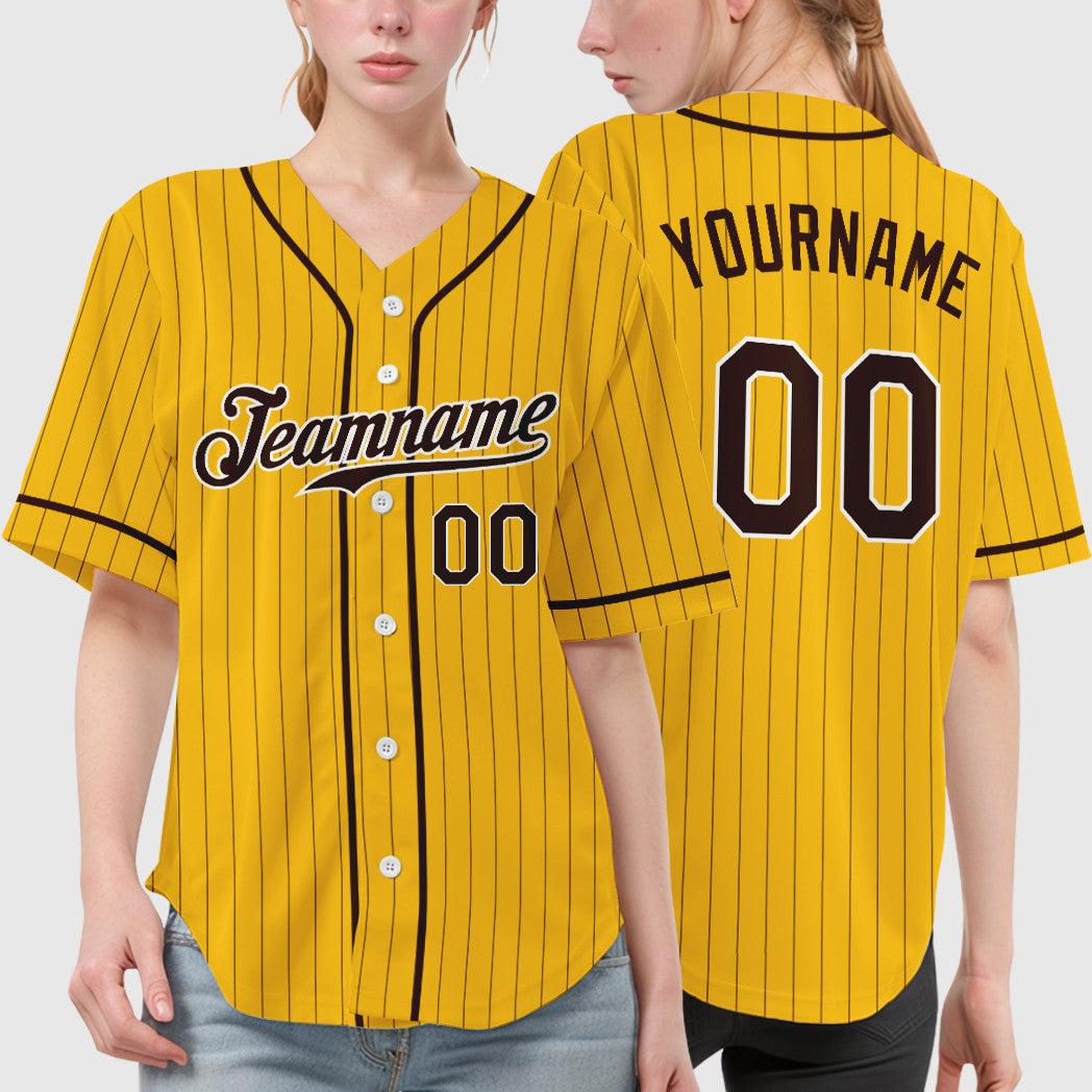 Custom Yellow Brown Brown-White Piping Pinstripe Baseball Jersey