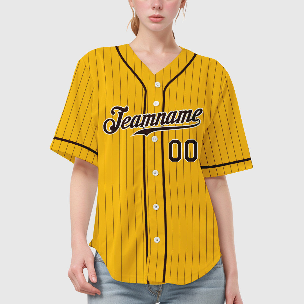 Custom Yellow Brown Brown-White Piping Pinstripe Baseball Jersey