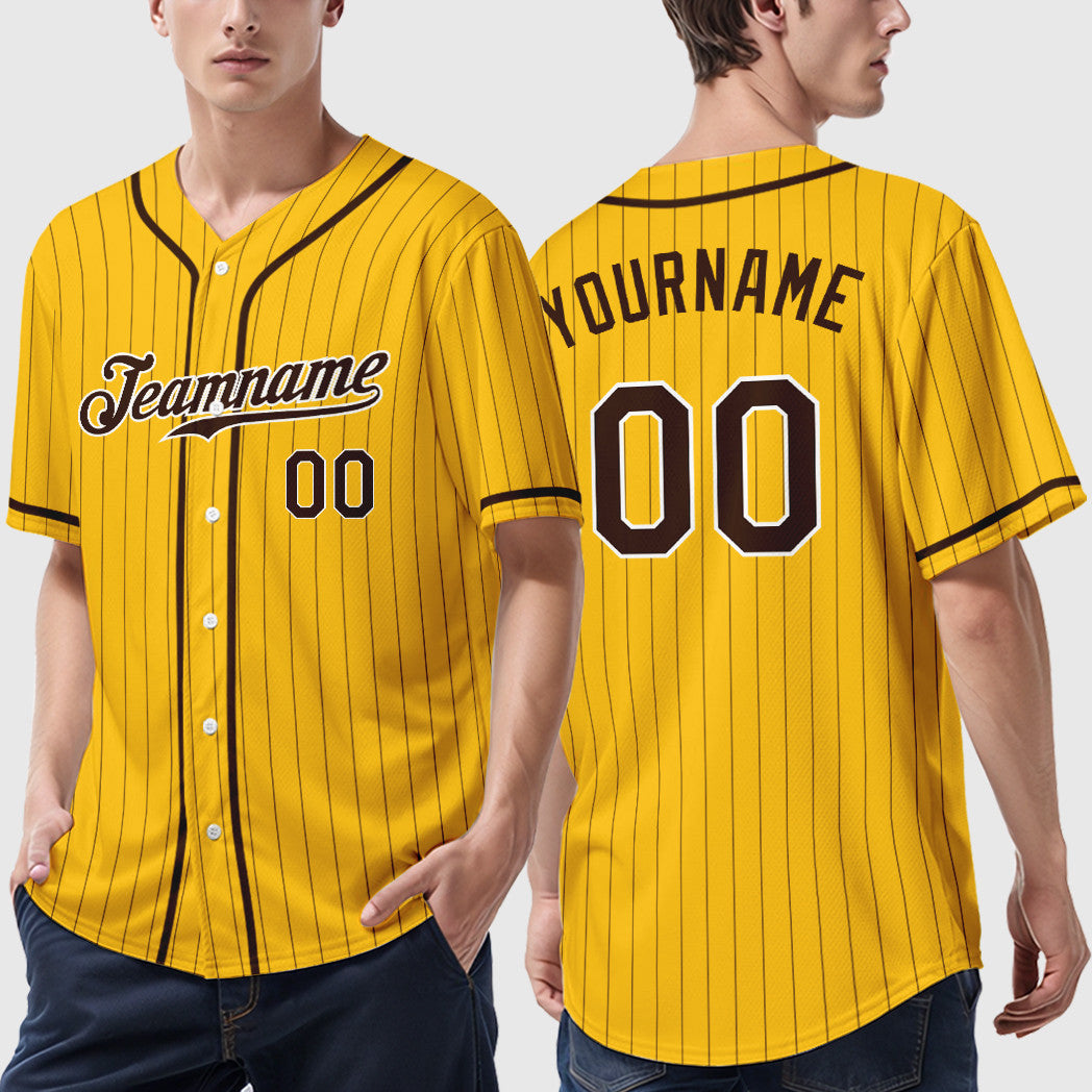 Custom Yellow Brown Brown-White Piping Pinstripe Baseball Jersey