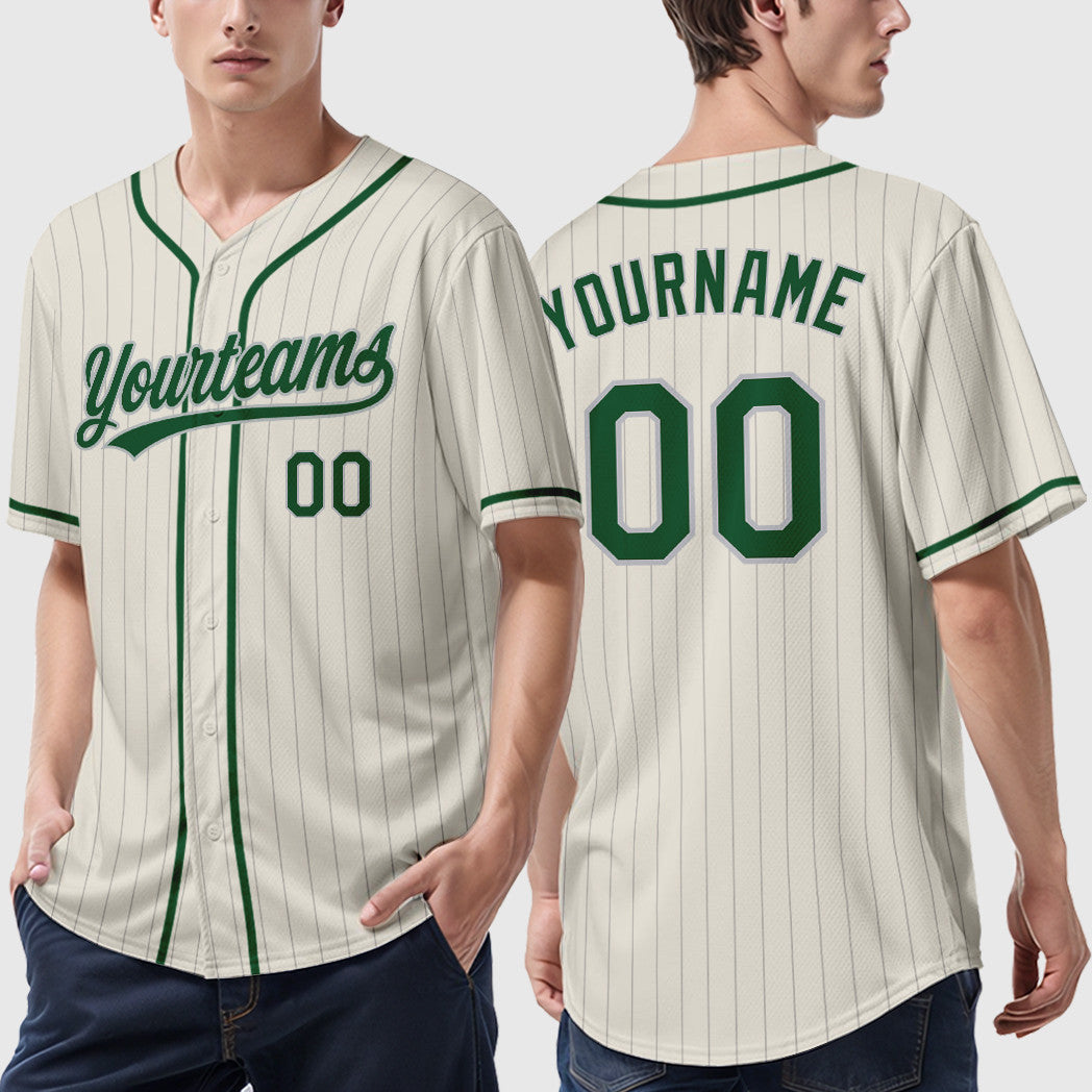 Custom Green White White-Gold Piping Pinstripe Baseball Jersey