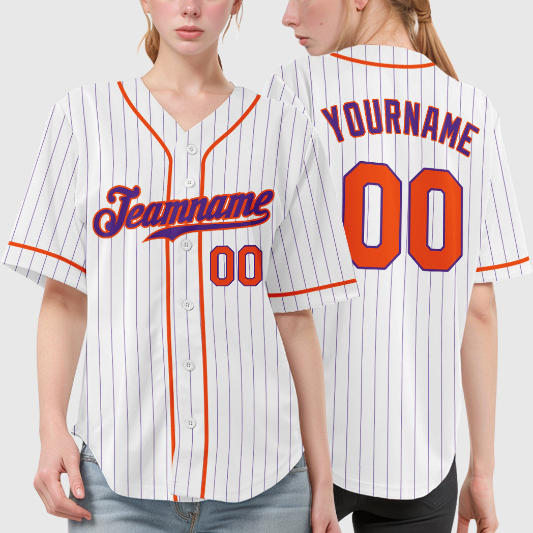 Custom White Purple Orange Piping Pinstripe Baseball Jersey