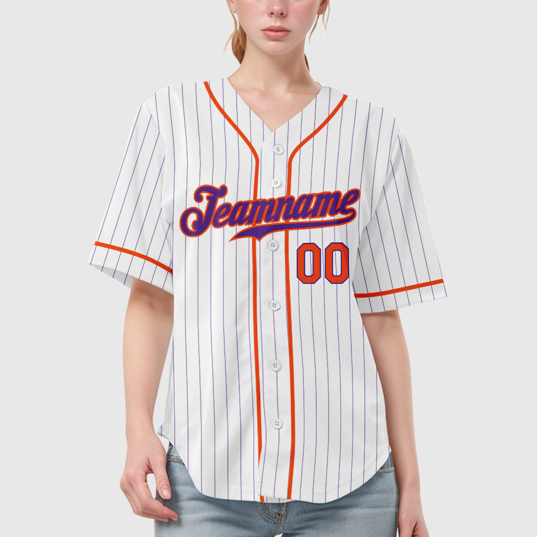 Custom White Purple Orange Piping Pinstripe Baseball Jersey
