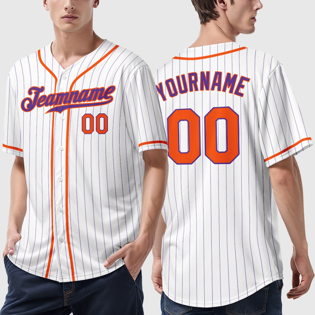 Custom White Purple Orange Piping Pinstripe Baseball Jersey