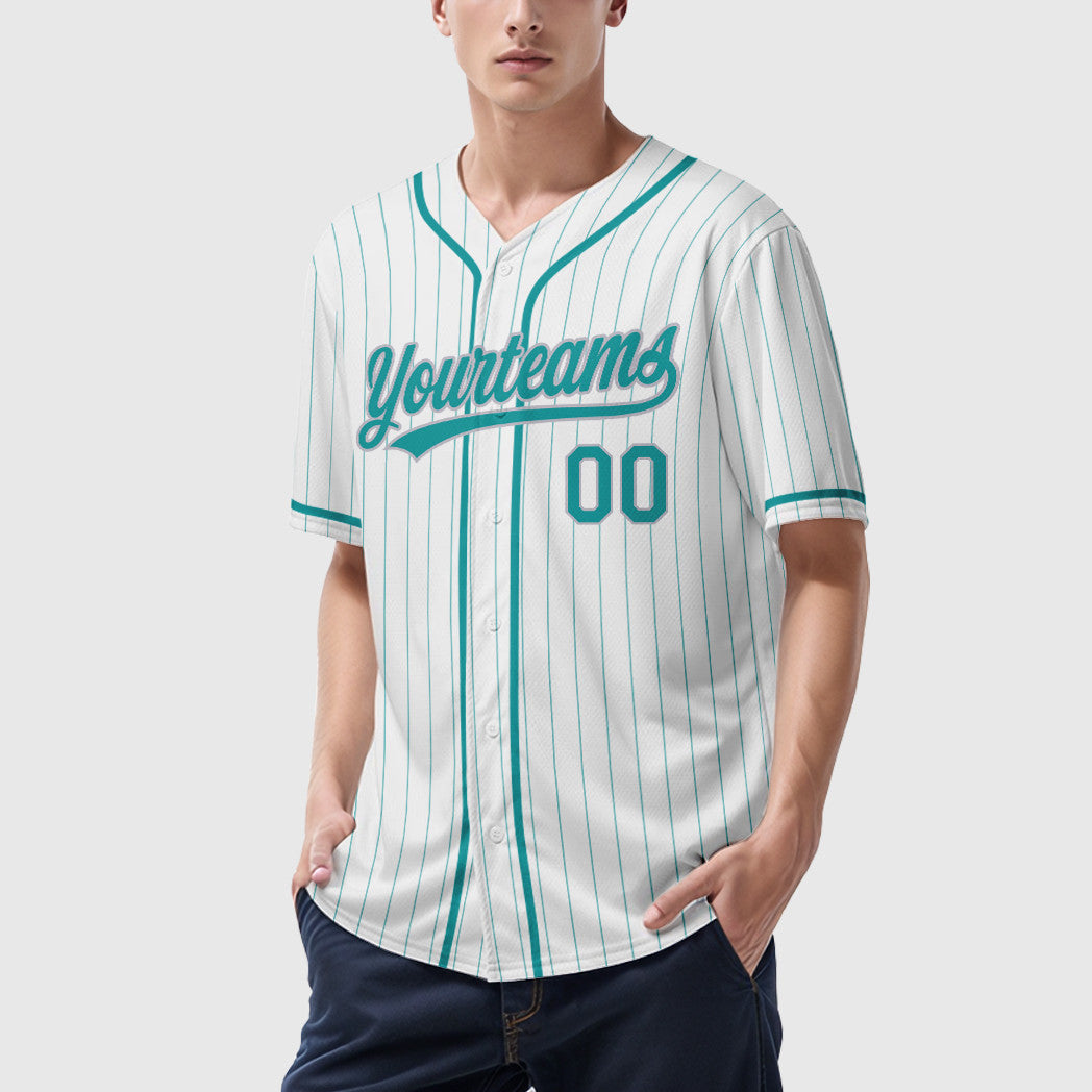 Custom White Teal Gray Piping Pinstripe Baseball Jersey