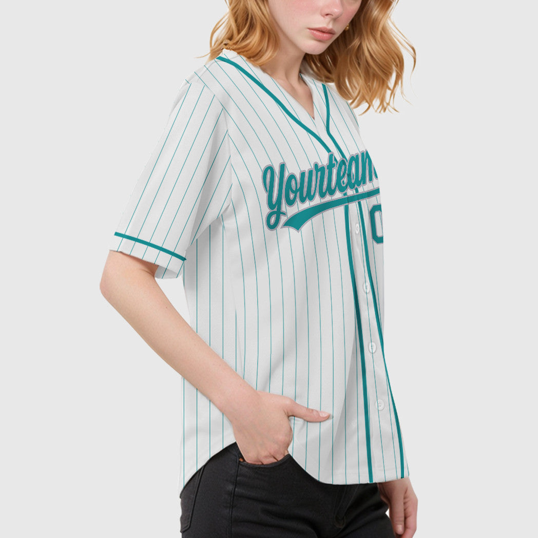 Custom White Teal Gray Piping Pinstripe Baseball Jersey