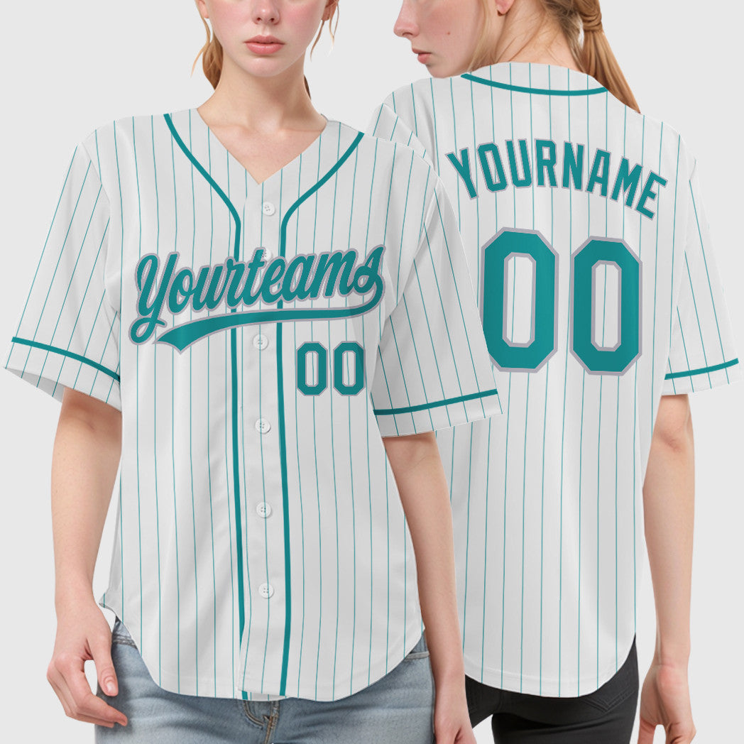 Custom White Teal Gray Piping Pinstripe Baseball Jersey
