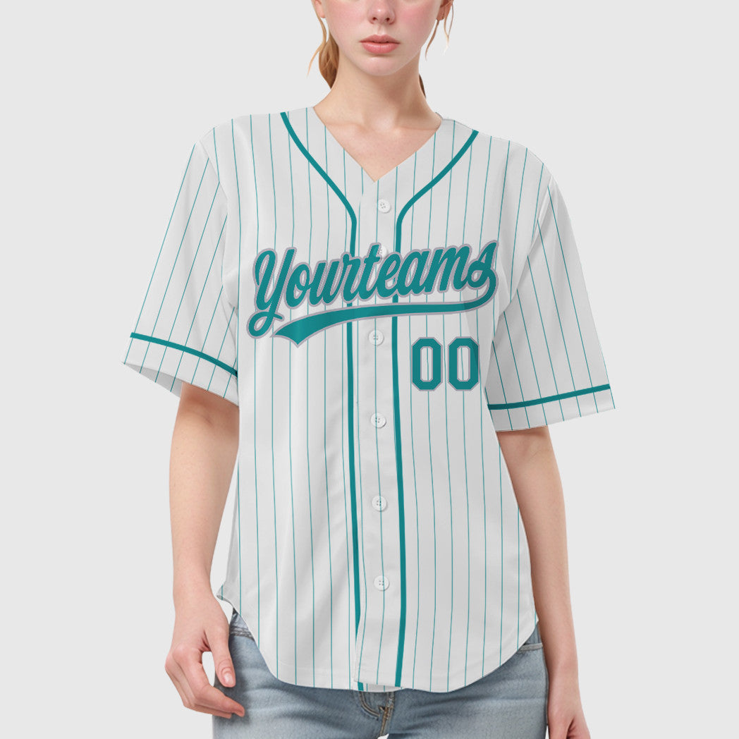 Custom White Teal Gray Piping Pinstripe Baseball Jersey
