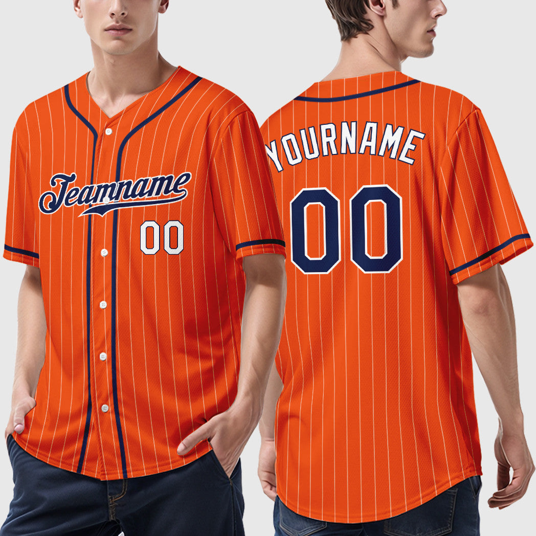 Custom Orange White Navy-White Piping Pinstripe Baseball Jersey