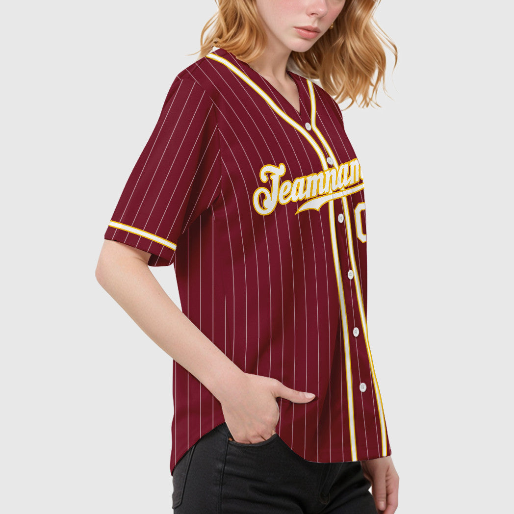 Custom Crimson White White-Gold Piping Pinstripe Baseball Jersey