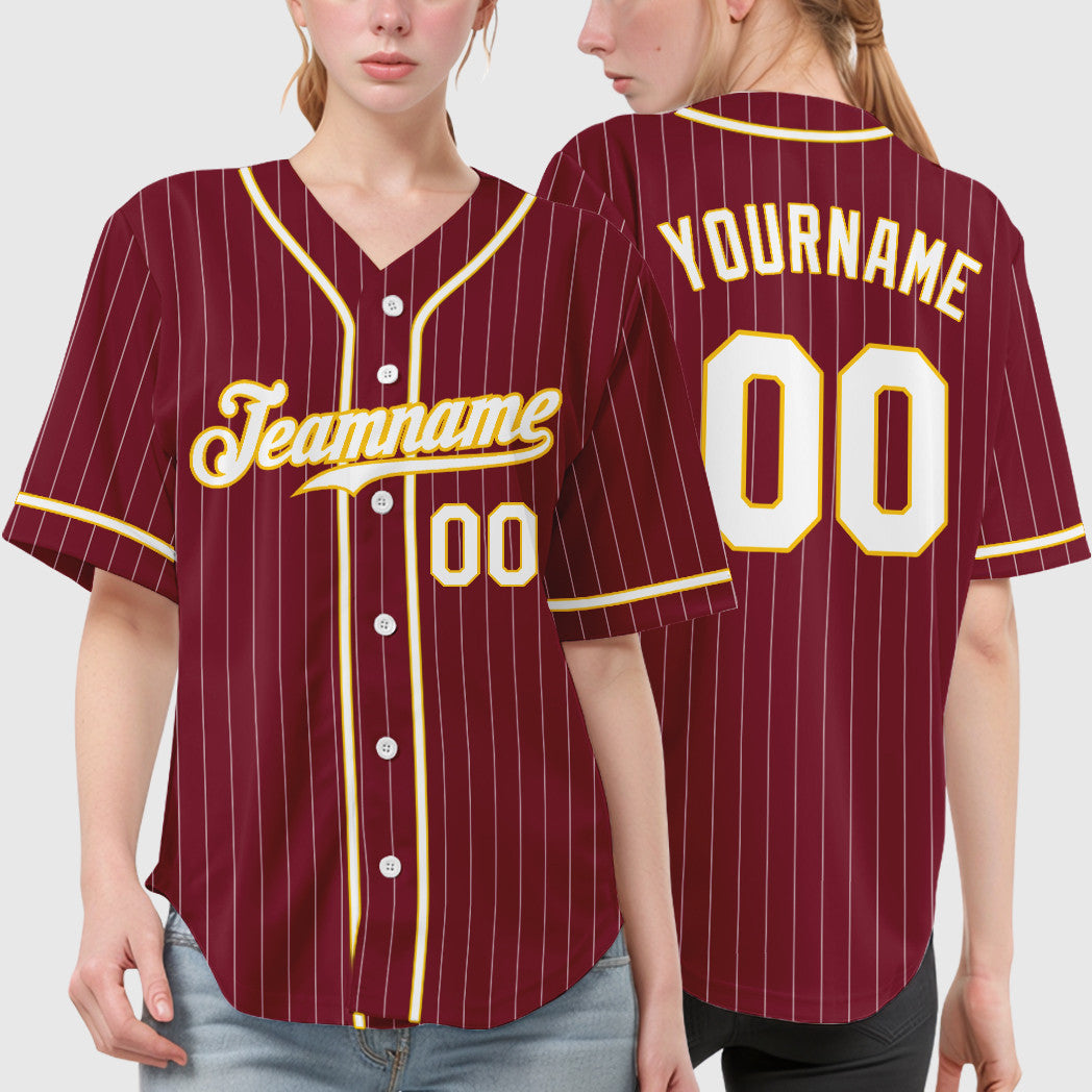 Custom Crimson White White-Gold Piping Pinstripe Baseball Jersey