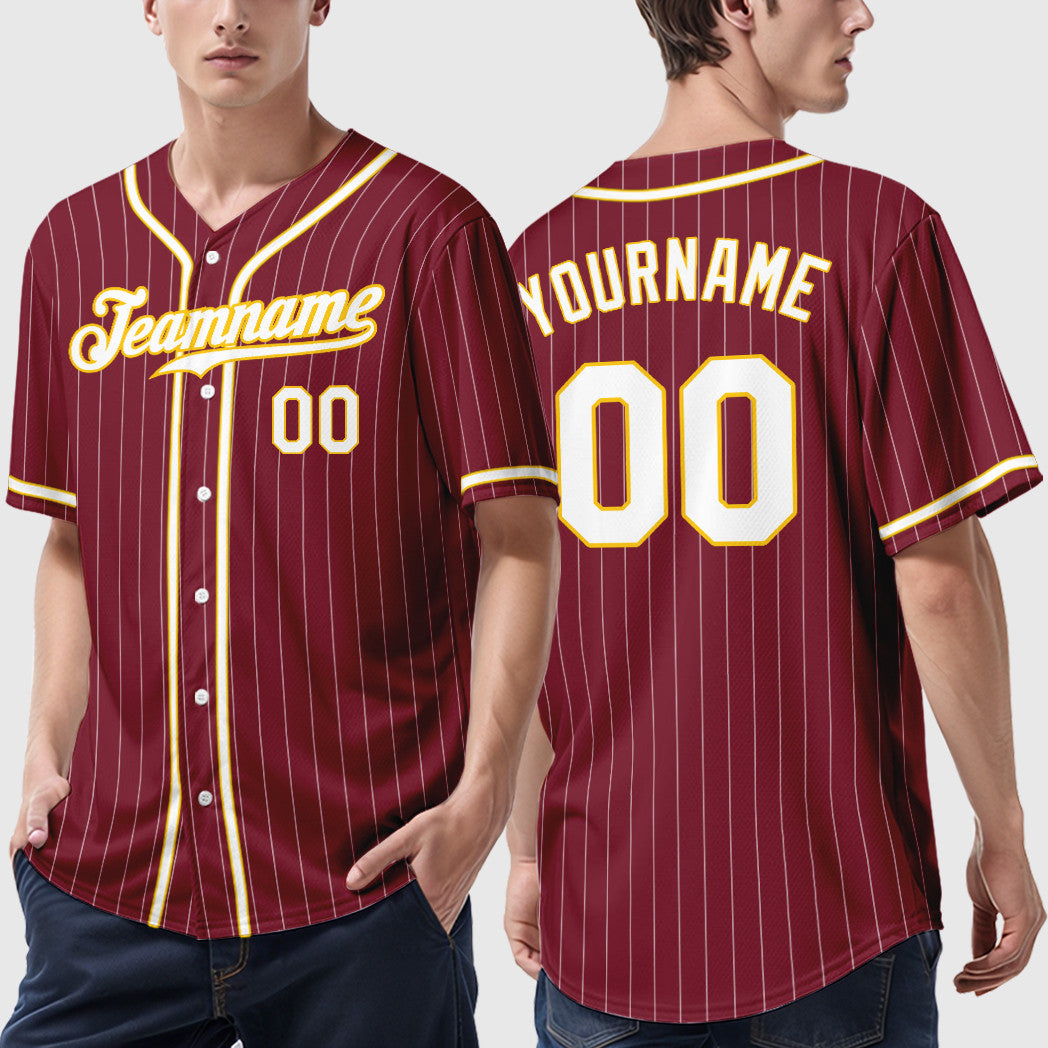 Custom Crimson White White-Gold Piping Pinstripe Baseball Jersey