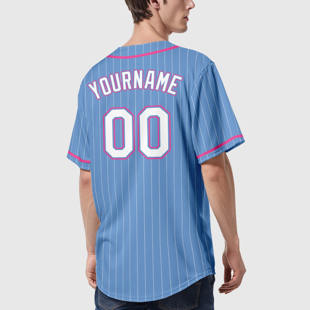 Custom Light Blue White Pink Piping Pinstripe Feature Baseball Jersey