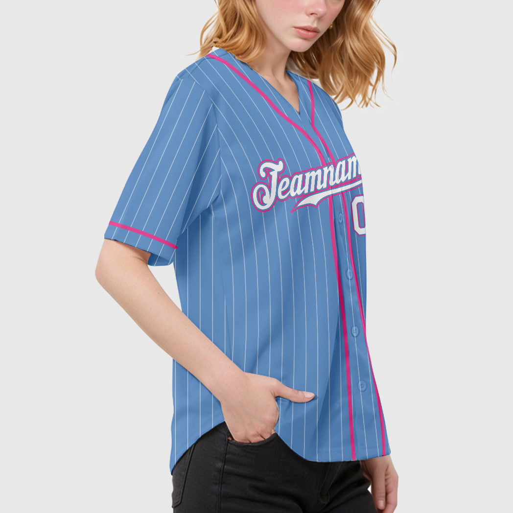 Custom Light Blue White Pink Piping Pinstripe Feature Baseball Jersey