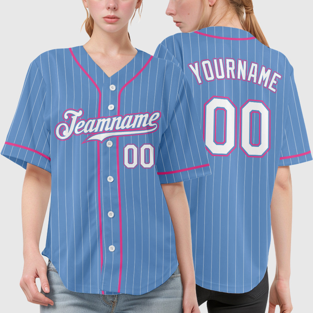 Custom Light Blue White Pink Piping Pinstripe Feature Baseball Jersey