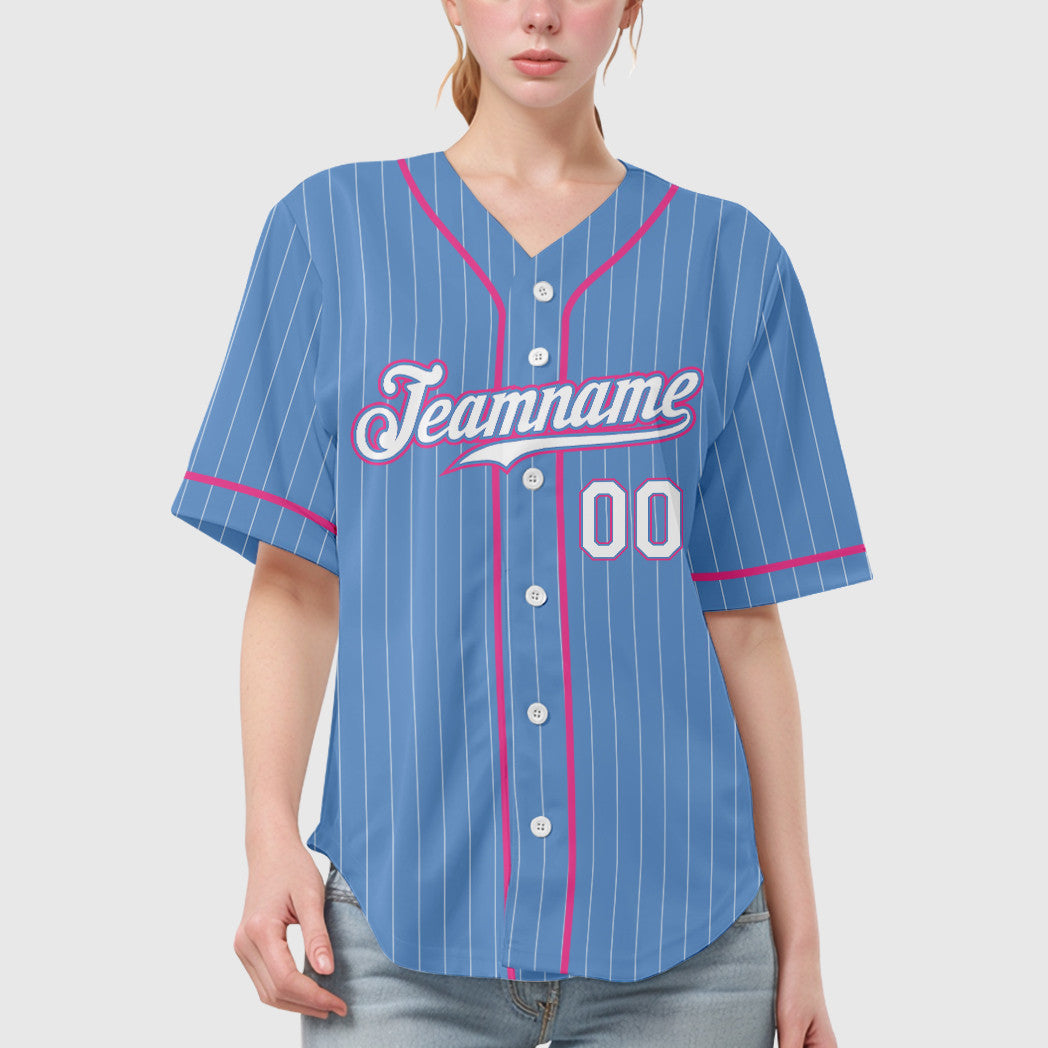 Custom Light Blue White Pink Piping Pinstripe Feature Baseball Jersey